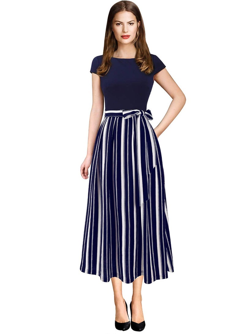 VFSHOW Womens Navy Blue and White Striped Print Patchwork Pockets Pleated Work Casual Party A-Line Midi Dress 2831 BLU M - Image 2